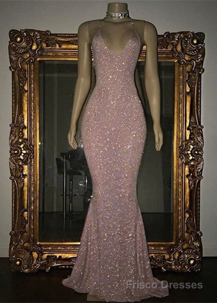 Stunning Long Halter Spaghetti Straps Sequined Mermaid Prom Dress Main image