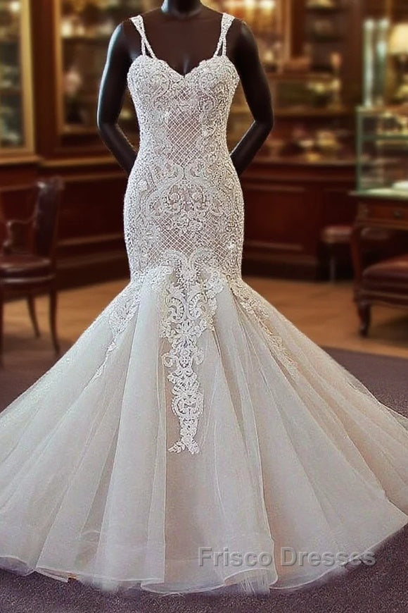 Stunning Long Mermaid Spaghetti Strap Lace Wedding Dress