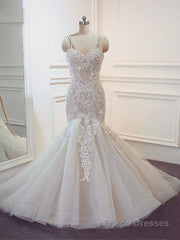 Stunning Long Mermaid Spaghetti Strap Lace Wedding Dresses