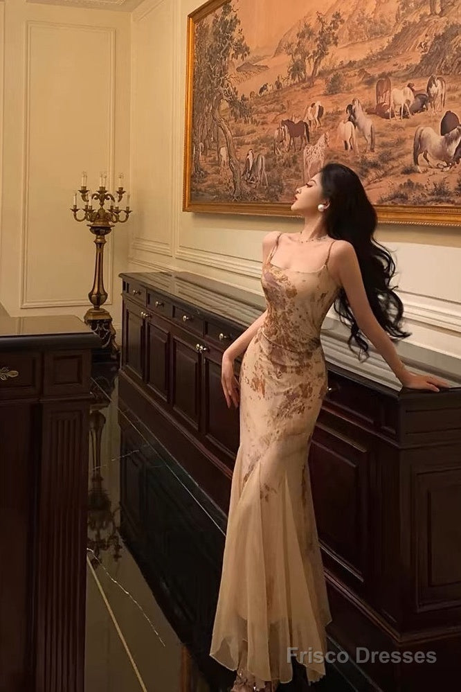 Stunning Mermaid Spaghetti Straps Champagne Floral Date Night Dress Prom Dresses Birthday Outfit Main image