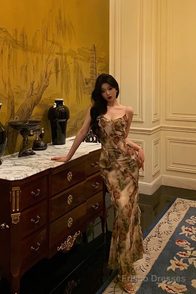 Stunning Mermaid Spaghetti Straps Floral Ruffles Long Prom Dresses Birthday Outfit