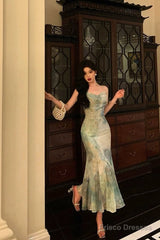 Stunning Mermaid Spaghetti Straps Green Lace Date Night Dress Prom Dresses Birthday Party Outfit
