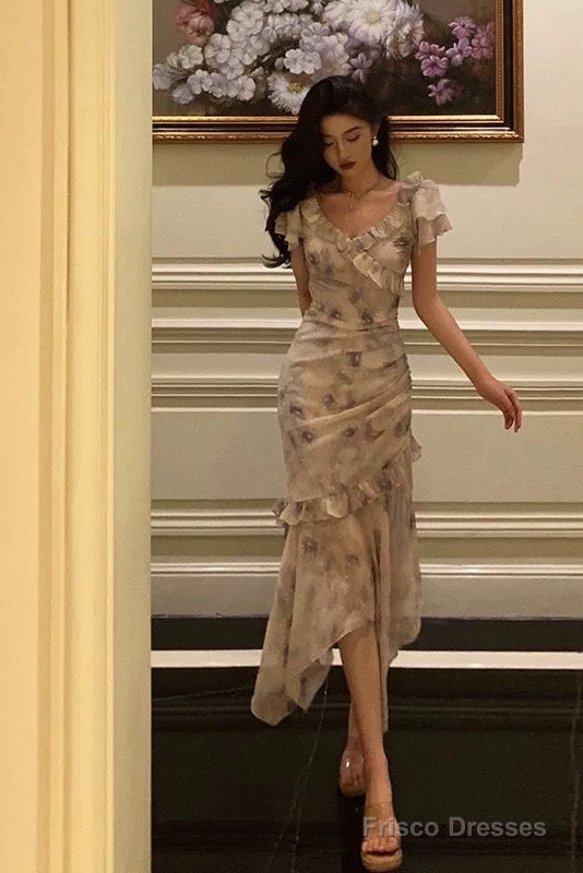 Stunning Mermaid V Neckline Short Sleeves Date Night Dress Prom Dresses Floral Birthday Party Outfit Main image