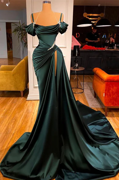 STUNNING OFF-THE-SHOULDER MERMAID PROM DRESS RUFFLES WITH HIGH SPLIT Main image