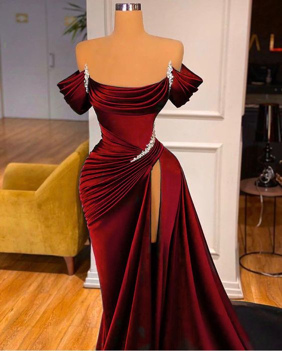 STUNNING OFF-THE-SHOULDER MERMAID PROM DRESS RUFFLES WITH HIGH SPLIT Main image