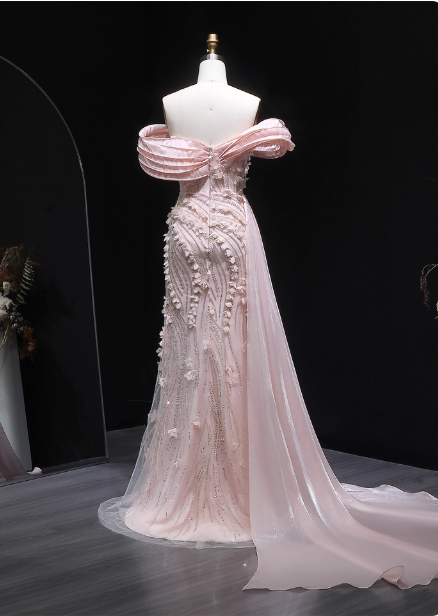Stunning Pink Mermaid Train Off-The-Shoulder 3D Floral Satin Prom Dress Evening Dress Secondary image