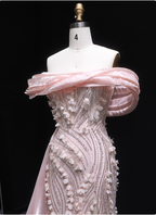 Stunning Pink Mermaid Train Off-The-Shoulder 3D Floral Satin Prom Dress Evening Dress