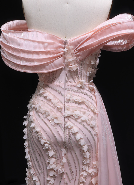 Stunning Pink Mermaid Train Off-The-Shoulder 3D Floral Satin Prom Dress Evening Dress
