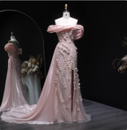 Stunning Pink Mermaid Train Off-The-Shoulder 3D Floral Satin Prom Dress Evening Dress