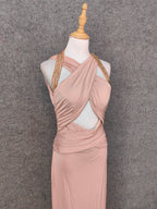 Stunning Pink Sleeveless Cross Neck Beaded Satin Long Prom Dress Evening Dress