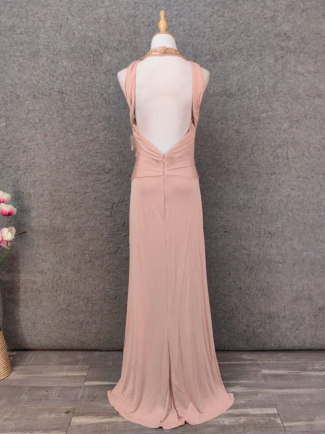 Stunning Pink Sleeveless Cross Neck Beaded Satin Long Prom Dress Evening Dress