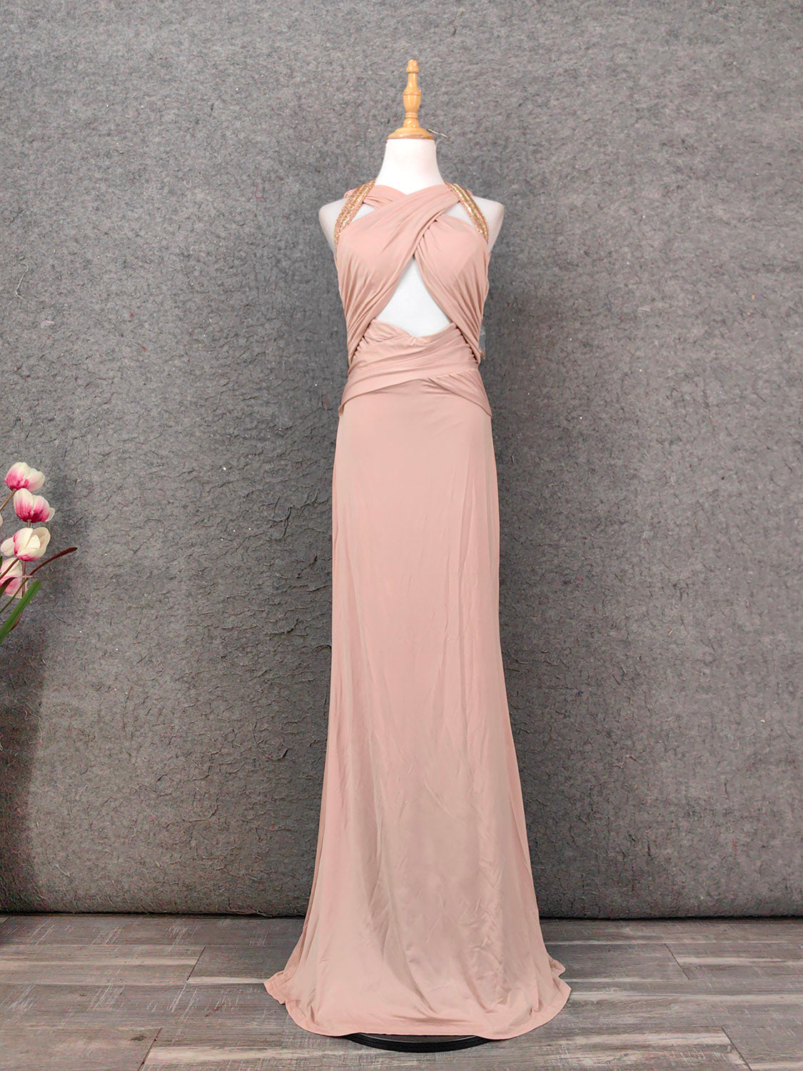 Stunning Pink Sleeveless Cross Neck Beaded Satin Long Prom Dress Evening Dress