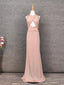 Stunning Pink Sleeveless Cross Neck Beaded Satin Long Prom Dress Evening Dress