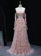 Stunning Pink Strapless 3D Floral Sequin Tulle Train Prom Dress Evening Dress