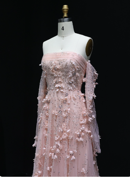 Stunning Pink Strapless 3D Floral Sequin Tulle Train Prom Dress Evening Dress
