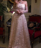 Stunning Pink Strapless 3D Floral Sequin Tulle Train Prom Dress Evening Dress