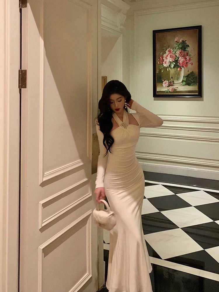 Stunning Sheath Halter Long Sleeves White Date Night Dress Ruffles Prom Dresses Birthday Outfit Secondary image