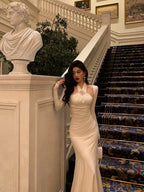 Stunning Sheath Halter Long Sleeves White Date Night Dress Ruffles Prom Dresses Birthday Outfit