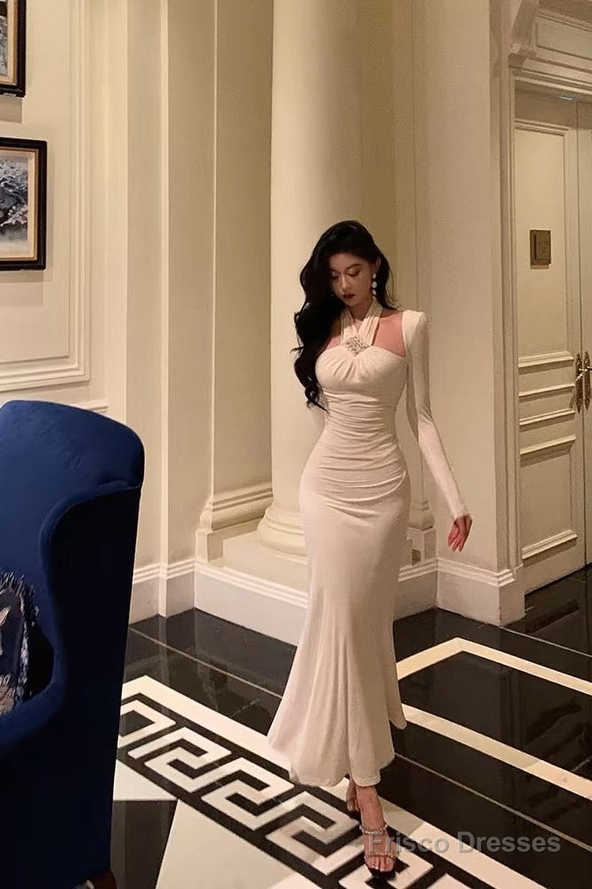 Stunning Sheath Halter Long Sleeves White Date Night Dress Ruffles Prom Dresses Birthday Outfit Main image