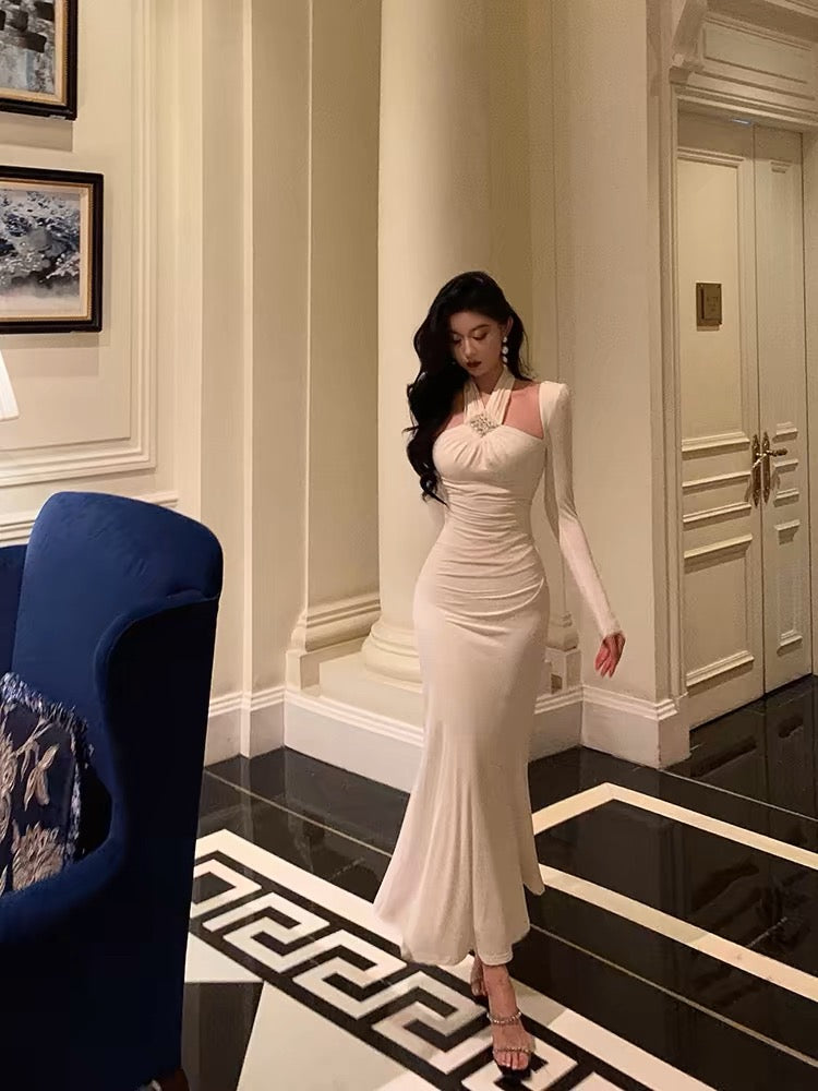Stunning Sheath Halter Long Sleeves White Date Night Dress Ruffles Prom Dresses Birthday Outfit Main image