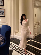 Stunning Sheath Halter Long Sleeves White Date Night Dress Ruffles Prom Dresses Birthday Outfit