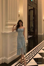 Stunning Sheath Spaghetti Straps Blue Chiffon Ruffles Date Night Dress Prom Dresses Birthday Outfit