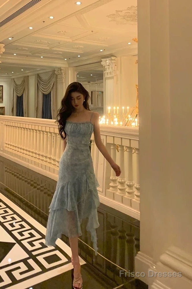 Stunning Sheath Spaghetti Straps Blue Chiffon Ruffles Date Night Dress Prom Dresses Birthday Outfit