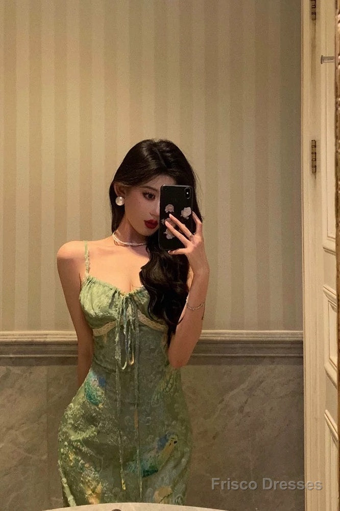 Stunning Sheath Spaghetti Straps Green Satin Date Night Dress Prom Dresses Birthday Outfit