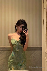 Stunning Sheath Spaghetti Straps Green Satin Date Night Dress Prom Dresses Birthday Outfit