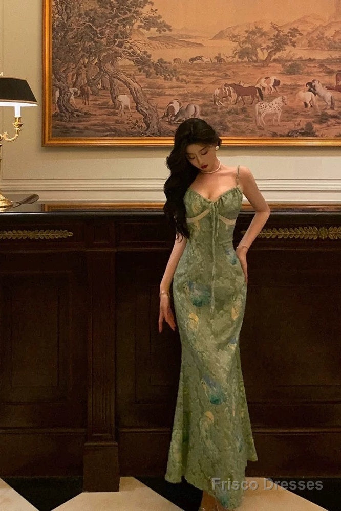 Stunning Sheath Spaghetti Straps Green Satin Date Night Dress Prom Dresses Birthday Outfit