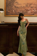 Stunning Sheath Spaghetti Straps Green Satin Date Night Dress Prom Dresses Birthday Outfit
