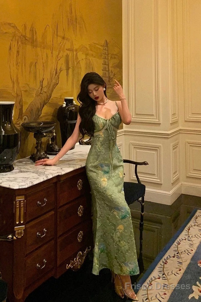 Stunning Sheath Spaghetti Straps Green Satin Date Night Dress Prom Dresses Birthday Outfit