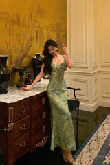 Stunning Sheath Spaghetti Straps Green Satin Date Night Dress Prom Dresses Birthday Outfit