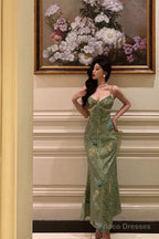 Stunning Sheath Spaghetti Straps Green Satin Date Night Dress Prom Dresses Birthday Outfit