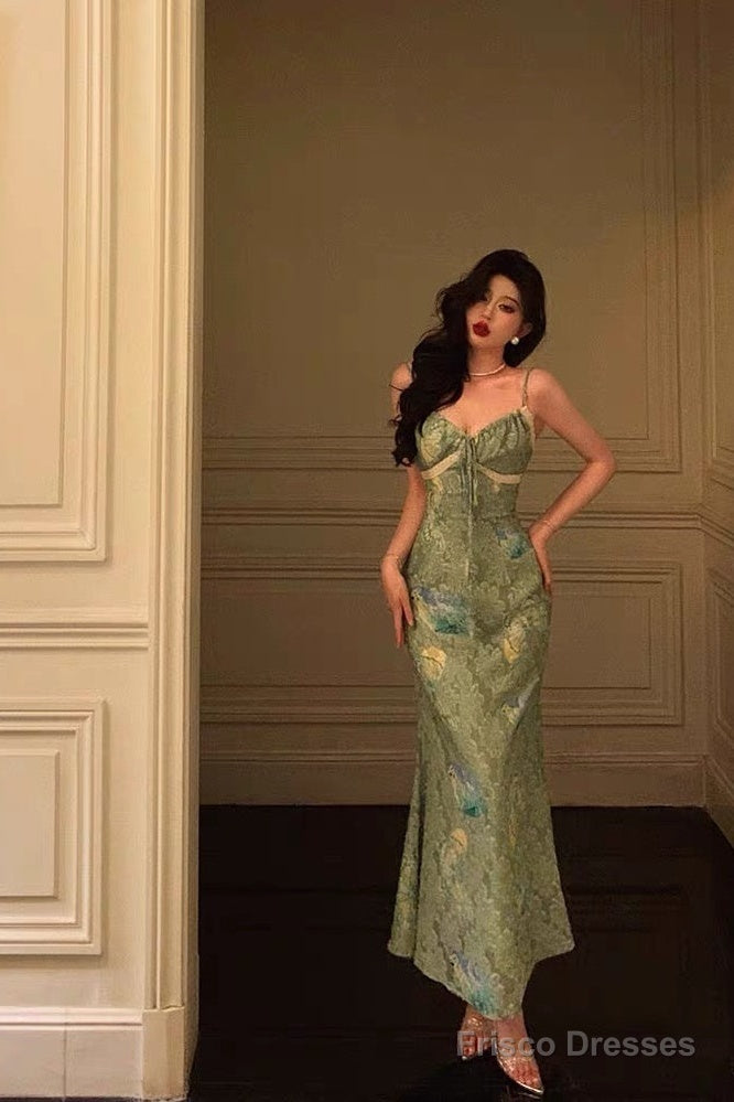 Stunning Sheath Spaghetti Straps Green Satin Date Night Dress Prom Dresses Birthday Outfit