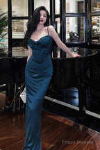 Stunning Sheath Spaghetti Straps Navy Blue Date Night Dress Ruffles Prom Dresses Birthday Outfit
