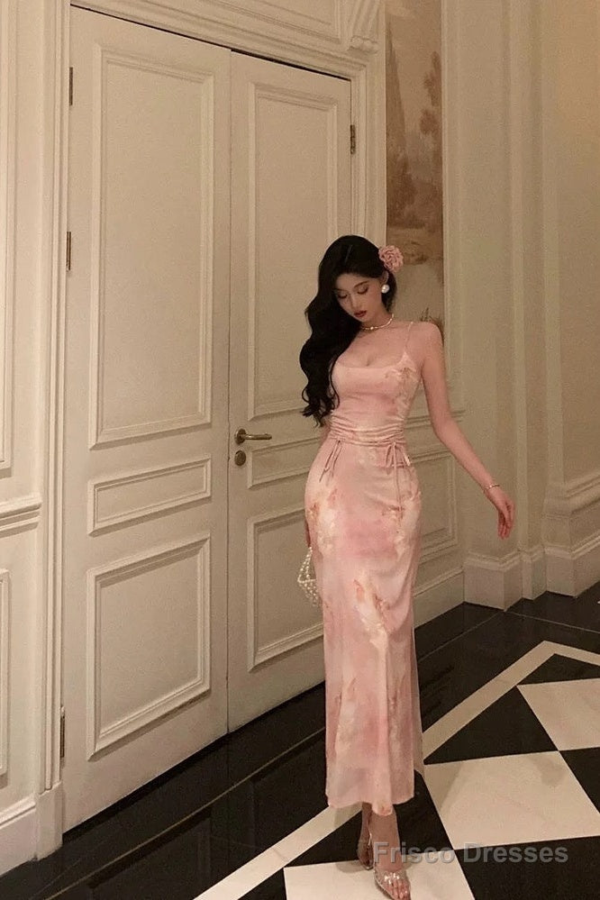 Stunning Sheath Spaghetti Straps Pink Floral Date Night Dress Prom Dresses Birthday Outfit
