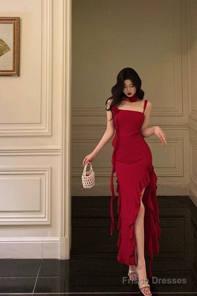 Stunning Sheath Spaghetti Straps Red Ruffles Date Night Dress Prom Dresses Birthday Outfit Main image