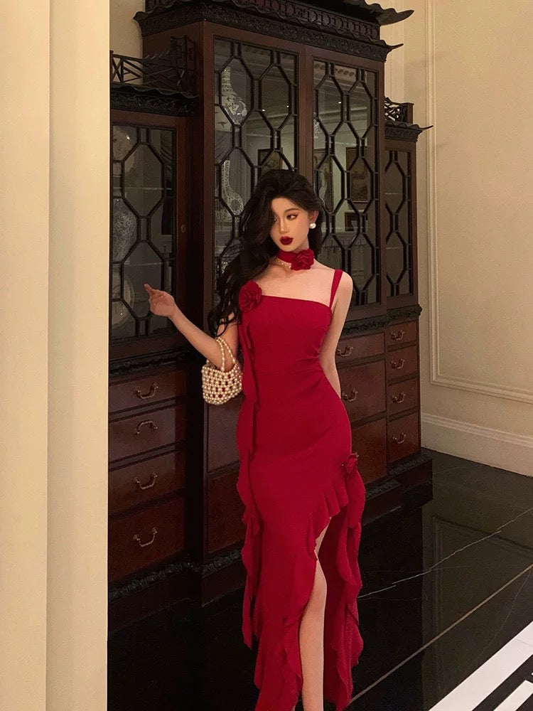 Stunning Sheath Spaghetti Straps Red Ruffles Date Night Dress Prom Dresses Birthday Outfit Main image