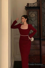 Stunning Sheath Square Neckline Long Sleeves Date Night Dress Red Prom Dresses Birthday Outfit