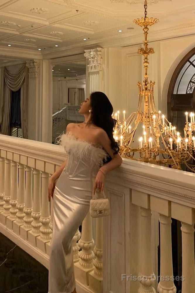 Stunning Sheath Strapless White Feather Date Night Dress Prom Dresses Birthday Outfit
