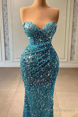 Stunning Sweetheart Blue Mermaid Prom Dress Long With Sequins Beads