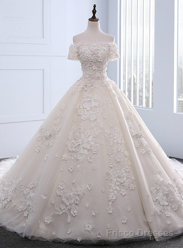 Stunning Unique Boat Neck Ball Gown Wedding Dresses Long Train With Flowers Beading Main image