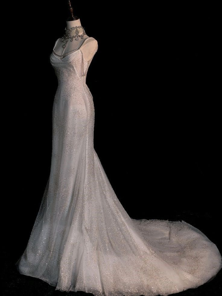 Stunning White Backless Mermaid Shiny Party Gown Wedding Dress