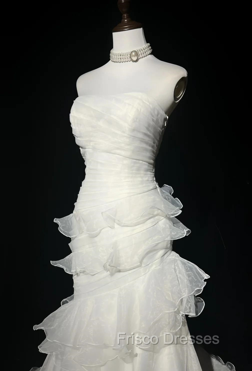Stunning White Strapless Mermaid Organza Long Formal Prom Dress Simple Wedding Dress Secondary image
