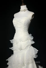 Stunning White Strapless Mermaid Organza Long Formal Prom Dress Simple Wedding Dress
