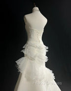 Stunning White Strapless Mermaid Organza Long Formal Prom Dress Simple Wedding Dress