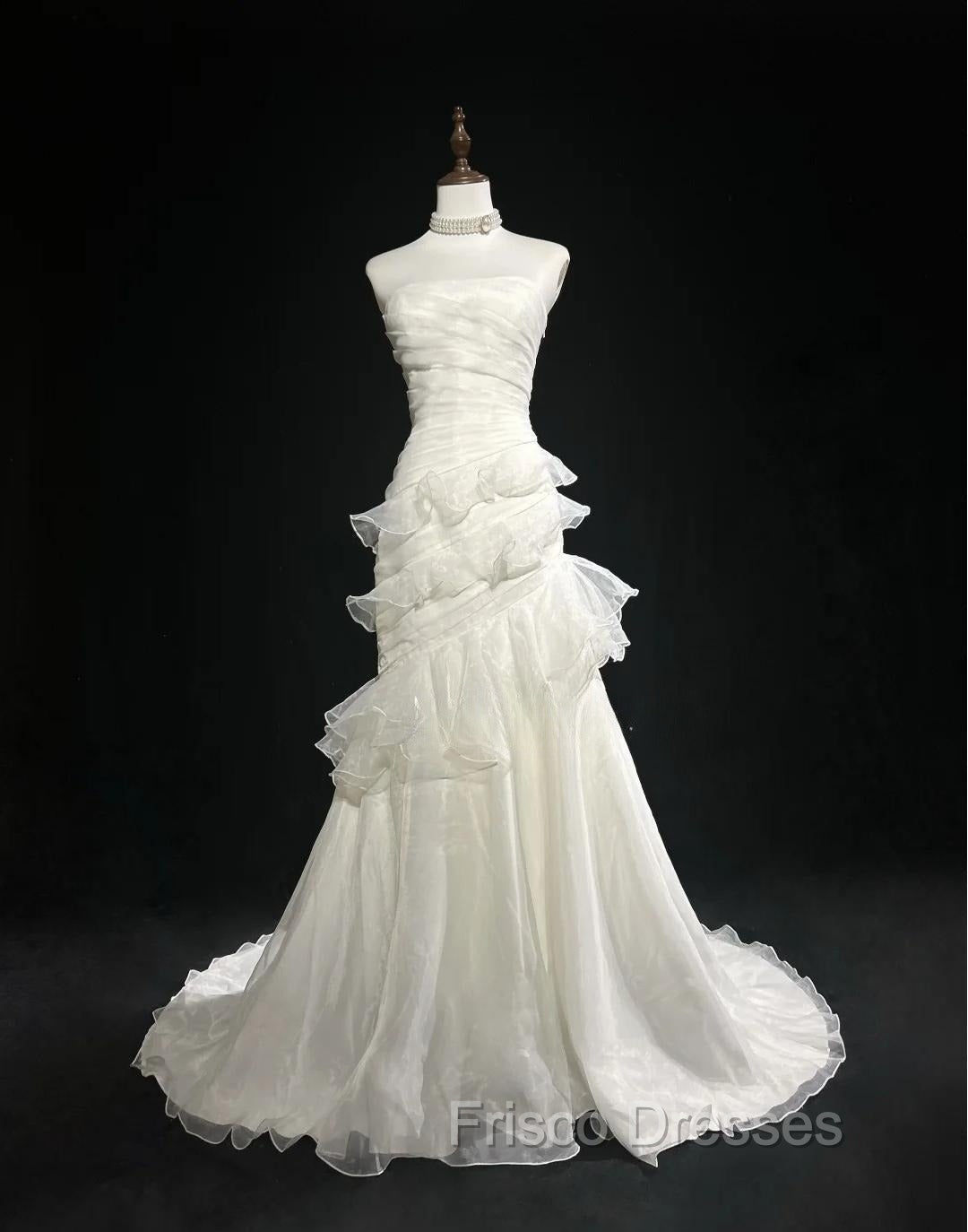 Stunning White Strapless Mermaid Organza Long Formal Prom Dress Simple Wedding Dress