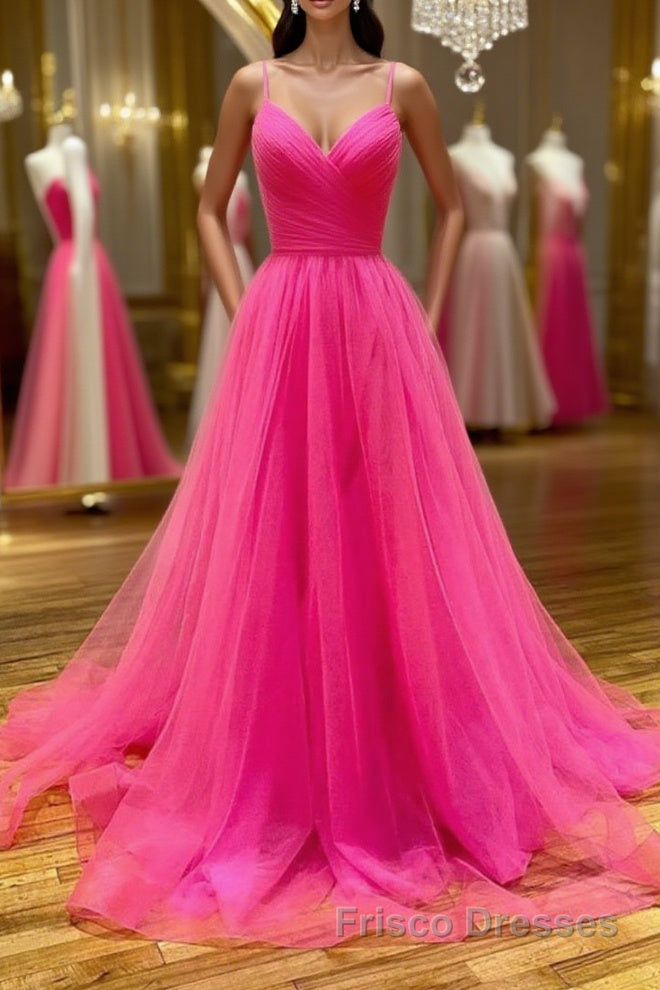 Stylish A Line V Neck Backless Hot Pink Long Formal Prom Dresses, Backless Hot Pink Formal Graduation Evening Dresses