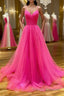 Stylish A Line V Neck Backless Hot Pink Long Formal Prom Dresses, Backless Hot Pink Formal Graduation Evening Dresses